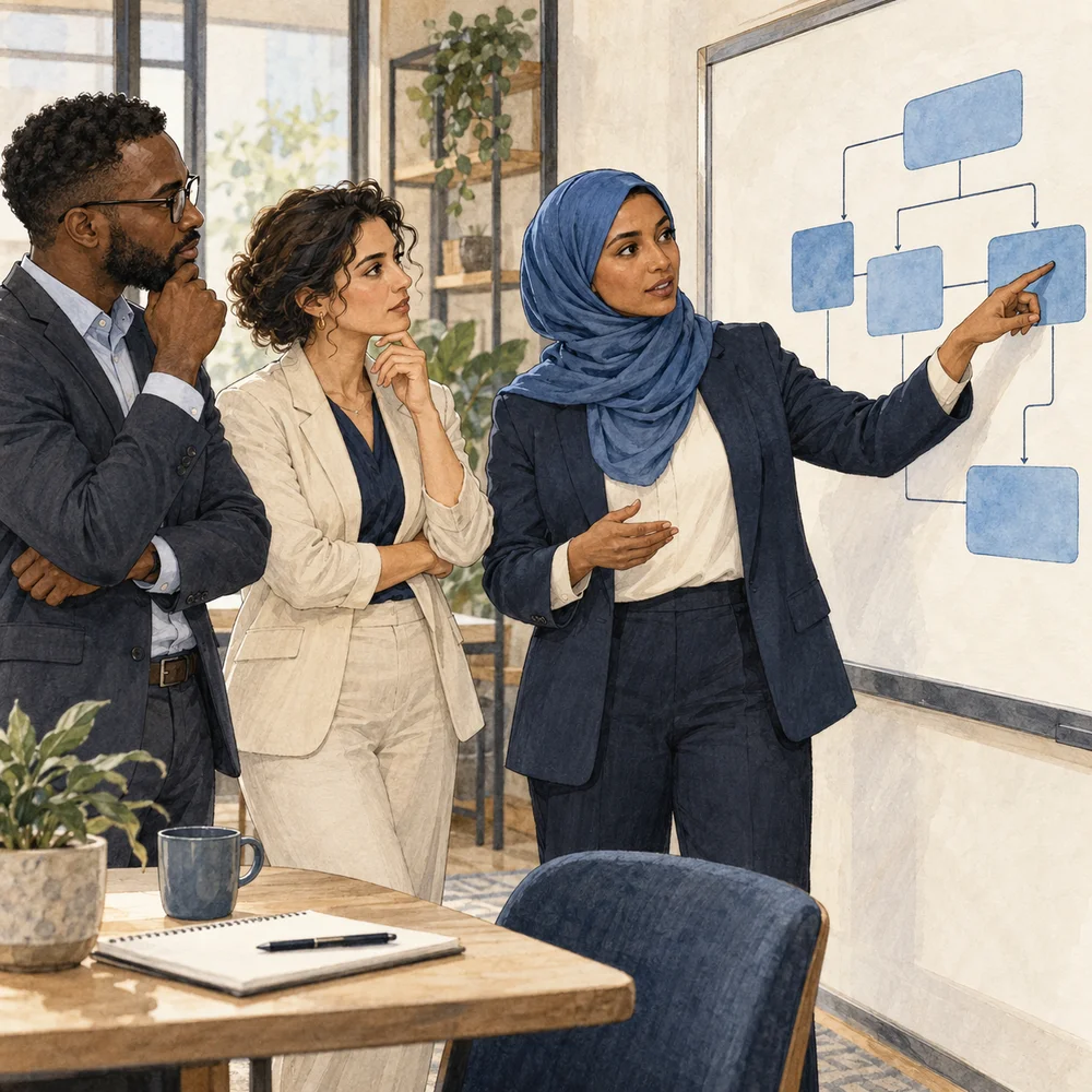Illustration of colleagues mapping a business process together on a board