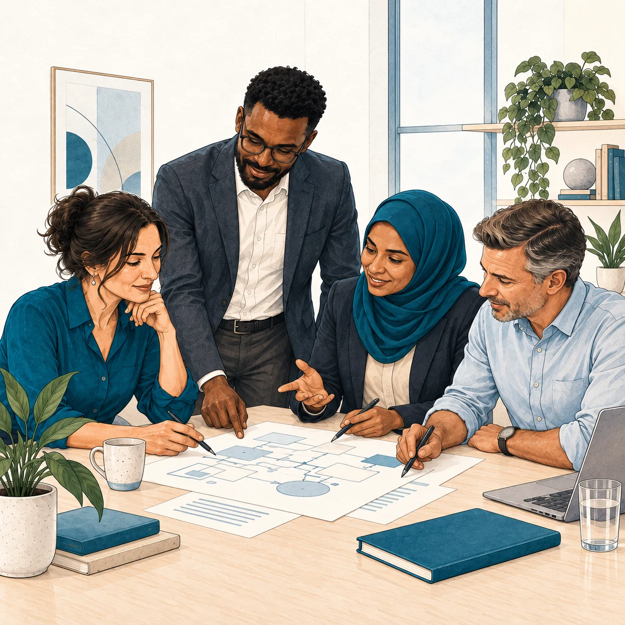 Illustration of four colleagues reviewing a business process