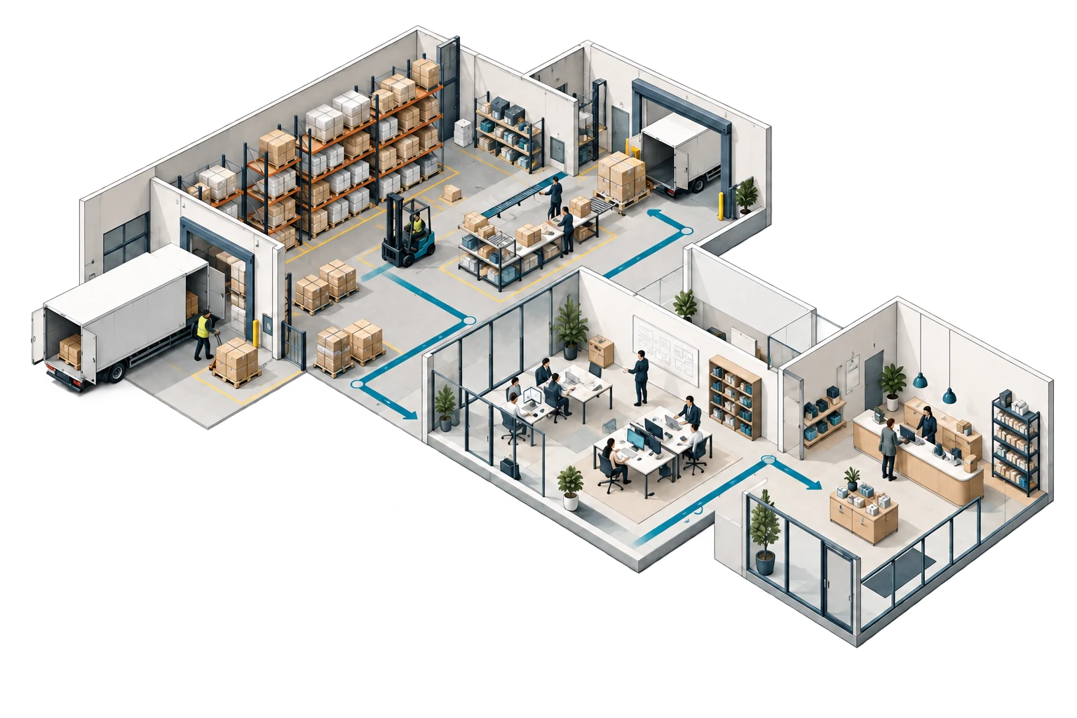 Illustration connecting warehouse, office and retail operations